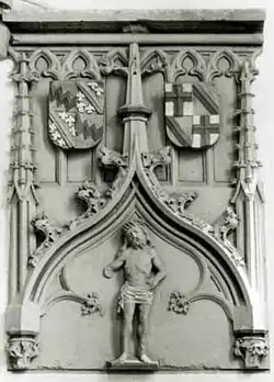 Wappen Pyrmont-Ehrenberg (links) und Johann II. von Baden, Bischof von Trier (rechts) Mitte des 15. Jhs. Im Chor der ehem. Ortskirche St. Katharina von Treis a.d. Mosel