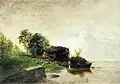 Femme lavant du linge dans une rivière