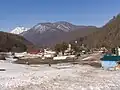 Blick auf Esto-Sadok von der Piste der Snowboard-Wettbewerbe bei den Olympischen Winterspielen 2014 beim Sportzentrum Alpika-Service