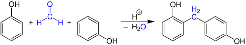 Erste Stufe der Polykondensationsreaktion von Formaldehyd mit Phenol zu Bakelit
