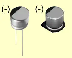 Polymer-Aluminium-Elektrolytkondensatoren mit gewickelter Zelle im zylindrischen Metallgehäuse, in bedrahteter und in SMD-Bauform (V-Chip).