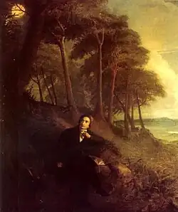 A Romantic painting of Keats sitting near a wood on elevated land. It is evening and the full moon appears above the wood while fading daylight illuminates a distant landscape. Keats appears to turn suddenly from the book he has been reading, towards the trees where a nightingale is silhouetted against the moon.