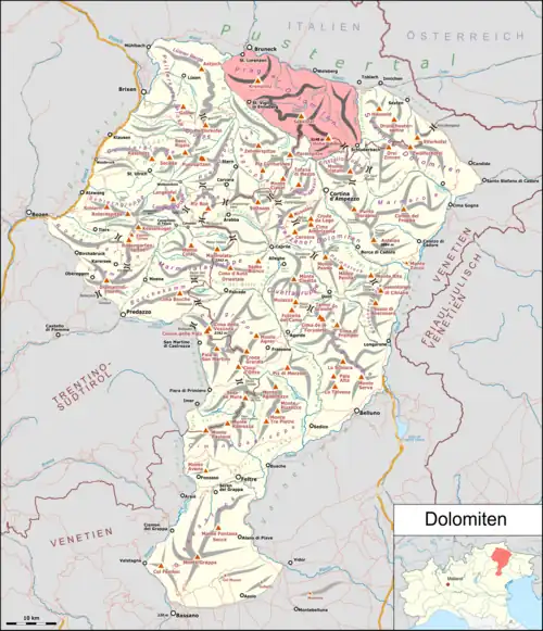 Pragser Dolomiten in Rot auf der Dolomitenkarte