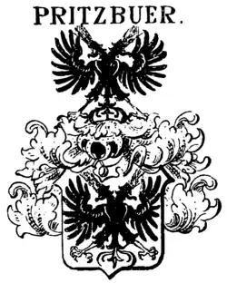 Kopfloser Doppeladler im Schild und Oberwappen des mecklen­burgischen Adels­geschlechts Pritzbuer