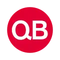 Rundes Liniensignet mit weißen Großbuchstaben QB in rot gefülltem Kreis vor neutralem Hintergrund
