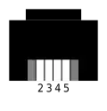 6P4C-Stecker. Ansicht von vorne. Rastnase oben liegend.