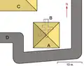 Nebenpyramide mit Unterbau (nach Valloggia): A: Nebenpyramide B: Substruktur C: Hauptpyramide D: Umfassungsmauer