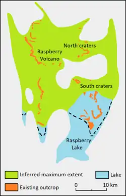 Diagramm mit den Orten von Gesteinsaufschlüssen, prähistorischen Seen und der geschätzten maximalen Ausdehnung jeder geologischen Formation