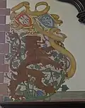 Rathaus St. Johann; Festsaal; Wandmalerei; Schreitende, gekrönte Löwen mit den Wappen der Kaufleute und der Schiffer