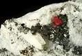 Rathit (silbrig-grau) mit Pyrit (goldfarben) und Realgar (rot) aus der gleichen Fundstelle