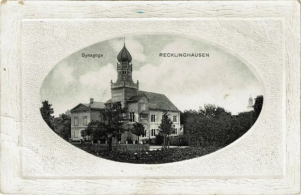 Postkarte mit der Synagoge Recklinghausen von 1913