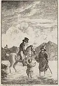 Bei ihrer Flucht nach Chur trifft Regula auf einen Kapuziner und einen Reiter. Lithografie von Johannes Rüegg aus «Die schweizerische Amazone».