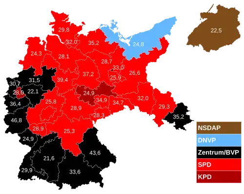 Reichstagswahl 1930: Stimmenstärkste Parteien nach Wahlkreisen, mit Prozentanteil der stärksten Partei