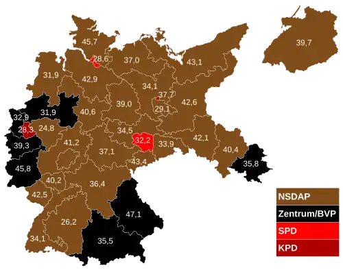 November 1932 – Stimmenstärkste Parteien nach Wahlkreisen (angegeben ist jeweils der Prozentanteil der stärksten Partei)