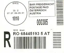 Gedruckter Poststempel mit Uhrzeitangabe und Einschreiben