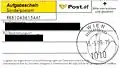 Aufgabeschein bei Sonderpostfilialen zu besonderen Anlässen; 13. Mai 2008. Mit diesem Aufgabeschein, an welchem ein Reko-Zettel angeschlossen ist, ist das Einschreibentgelt noch nicht entrichtet.