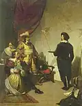 Rembrandt malt die Nachtwache, Hendrik Hollander, 1857, Öl auf Leinwand, 102&nbsp;× 80&nbsp;cm, Verbleib unbekannt