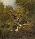 Waldlandschaft mit Jäger (Öl auf Leinwand 1871)