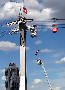 Bergung von Fahrgästen aus einer havarierten Gondel der Kölner Seilbahn