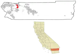 Lage von Beaumont im Riverside County (oben) und in Kalifornien (unten)