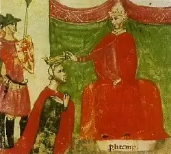 Robert Guiskard wird von Papst Nikolaus II. zum Herzog gekrönt. (Darstellung aus der Nuova Cronica des Giovanni Villani, 14. Jahrhundert)