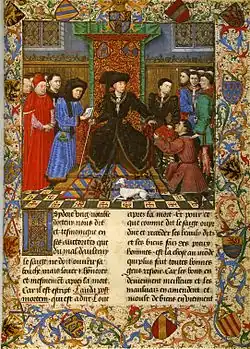 Burgundische Bastarda (lettre bourguignonne) in einer Prachthandschrift (Die Taten des Girart von Roussillon, französisch), die 1447/1450 für Herzog Philipp den Guten von Burgund geschrieben wurde. Das Bild zeigt den Herzog, der das Buch in Empfang nimmt. Wien, Österreichische Nationalbibliothek, Cod. 2549, fol. 6r