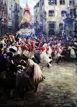 Rosenmontagszug vor dem Brunnen am Kölner Marsplatz (1906)