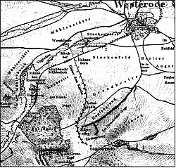 Das Gebiet südlich von Westerode mit historischen Flurbezeichnungen und der damaligen Euzenbergwarte