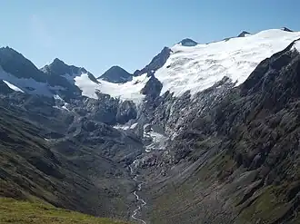 Der Rotmoosferner mit dem Wasserfallferner (rechts) von der Hohen Mut aus gesehen (2016)