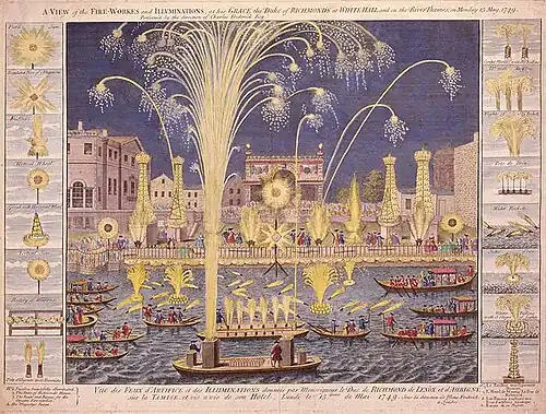 Königliches Feuerwerk und Illumination in Whitehall und auf der Themse am 27.&nbsp;April 1749, zum Aachener Frieden. Für diesen Anlass schrieb Händel die berühmte Feuerwerksmusik.