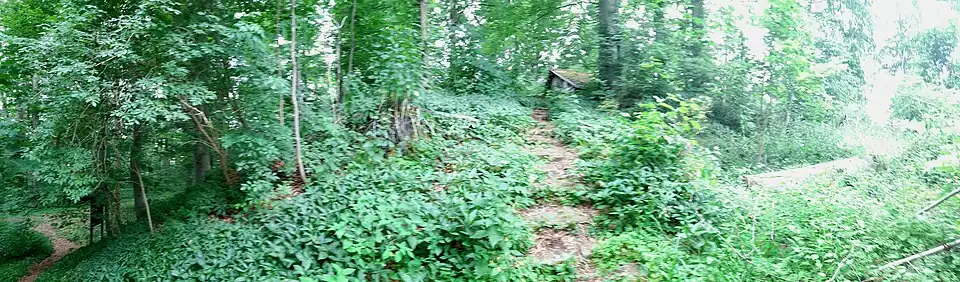 V.li.n.re.: Burggraben, Zugang zur Hauptburg, Halsgraben