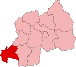 Lagekarte der ehemaligen Provinzen Ruandas mit Vorhebung der Provinz Cyangugu im äußersten Südwesten