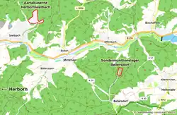 Lage der Aartal-Kaserne und des 5&nbsp;km entfernten Sondermunitionslagers
