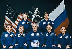 v.&nbsp;l.&nbsp;n.&nbsp;r. hinten: Shannon Lucid, John Blaha vorne: Jay Apt, Terrence Wilcutt, William Readdy, Thomas Akers, Carl Walz