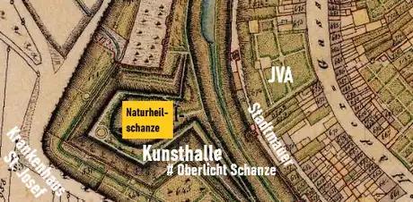 Urkataster (19. Jahrhundert). Einstige Naturheilschanze, mit Lage der Kunsthalle mit Lichtraupe (Oberlicht der freigelegten Futtermauer der Schanze)