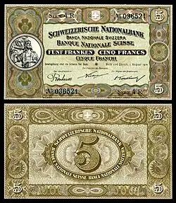 Porträt von Wilhelm Tell auf der Schweizer Banknote 5 Franken nach dem Telldenkmal von Richard Kissling in Altdorf, 1914