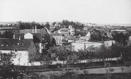 Gasometer der Gasfabrik (vorne rechts). Dahinter Villen und links Weinberge, im Jahre 1890