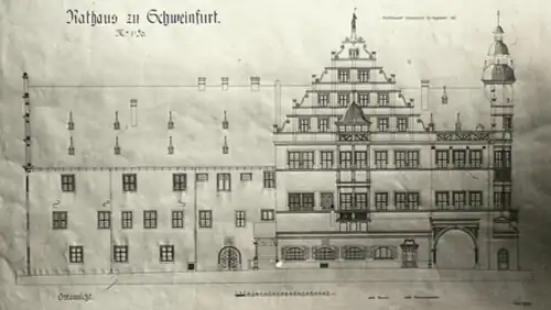 Ostansicht. Plan vom Stadtbauamt von 1911. Die linke Hälfte wird durch Bürgerhäuser in der Brückenstraße verdeckt