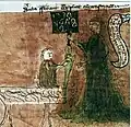 Ein Lehrer zeigt dem Schüler eine Zahlentafel (Kopie einer Handschrift von Sacrobosco, um 1400).