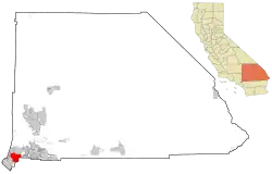 Lage von Ontario im San Bernardino County (links) und in Kalifornien (rechts)