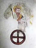Christopherusbild – Apostel Matthäus, darunter ein Weihekreuz