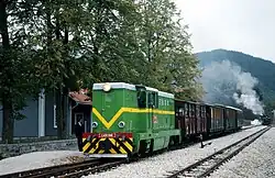 Zug mit ru­mä­ni­scher Die­sel­lok L45H in Šar­gan Vi­ta­si.