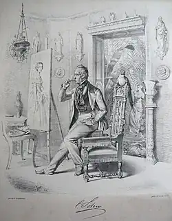 Karl Ferdinand Sohn in seinem Atelier, signiert mit C. Sohn. Lithografie von Wilhelm Camphausen, 1845
