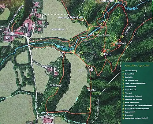 Lageplan mit den Schauplätzen des Aigner Parkes (Nr. 1–16)