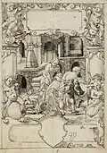 Scheibenriss mit zwei Metzgern beim Schlachten und leerem Wappenschild, 1599