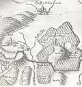 Burg Greifenstein und Hof Wettig um 1700, die Grenze nach Hessen ist mit Grenzsteinen markiert
