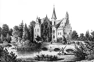 Schloss Oberau, Südostansicht 1856, ohne Anbau an der Südseite, im Vordergrund die Ostbrücke