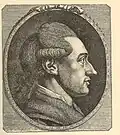 Johann Wolfgang Goethe im grauen Kaputkragen und Haarband, Kupfervignette