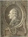 Johann Wolfgang Goethe im grauen Kaputkragen und Haarband, seitenverkehrter Kupferstich