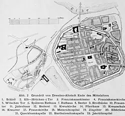 Karte von Dresden zwischen 1514 und 1521 mit der Queckbornkapelle (Nr. 21)